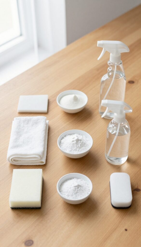 Cleaning tools arranged on a table: microfiber cloth, sponge, baking soda paste, spray bottle, and magic eraser.