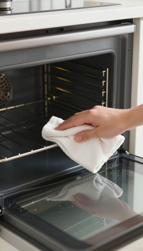 Hand wiping a clean oven rack with a damp microfiber cloth