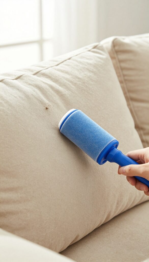 Close-up of a hand using a blue lint roller to remove pet hair and dust from a beige sofa cushion in bright natural light.