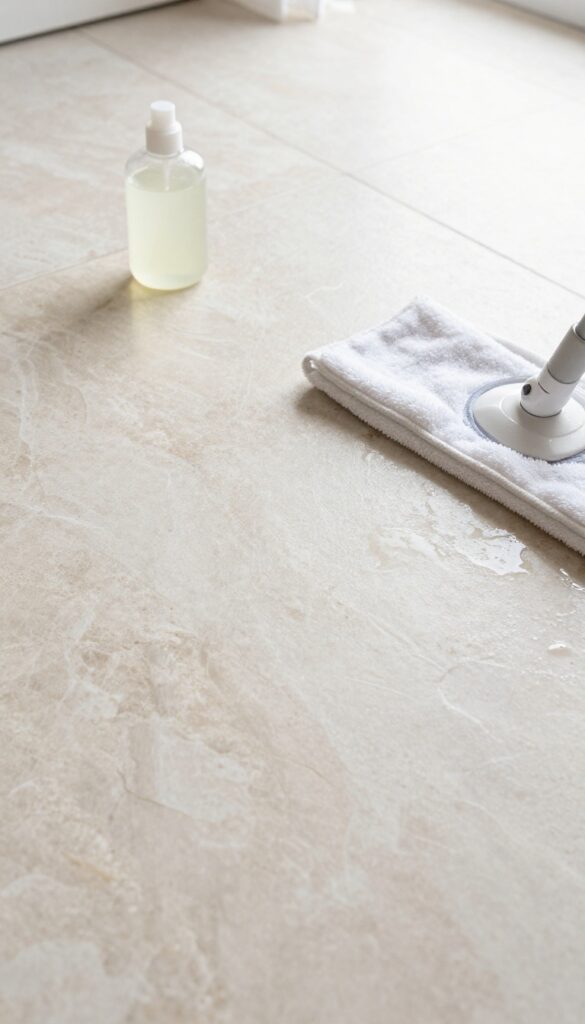 Castile soap and microfiber mop on a natural stone floor