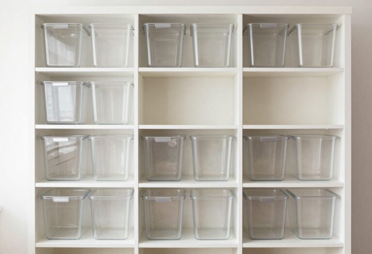 Organized deep pantry shelves with clear bins, tiered risers, and labeled baskets in a bright kitchen