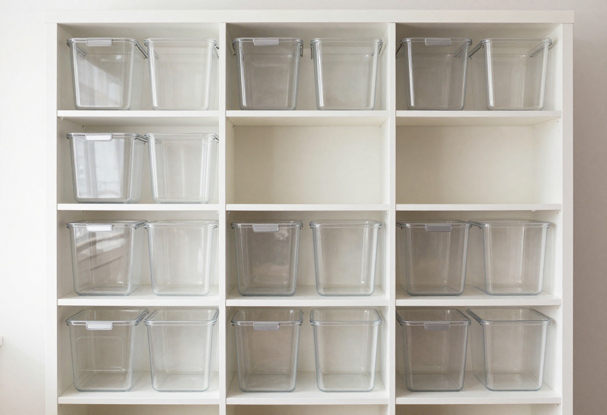 Organized deep pantry shelves with clear bins, tiered risers, and labeled baskets in a bright kitchen