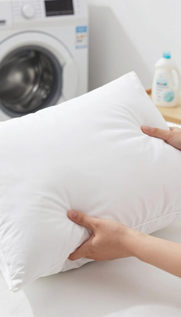 Person holding a white pillow with a care label tag in a bright laundry room, emphasizing proper cleaning instructions.