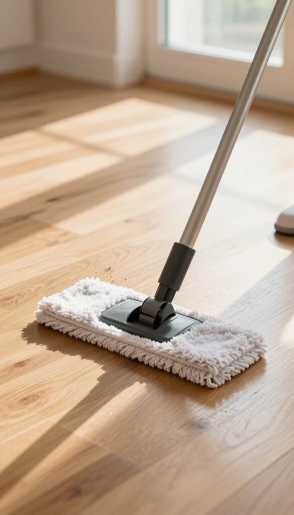 Dry mopping a hardwood floor with a microfiber mop to remove dust and hair before wet mopping.