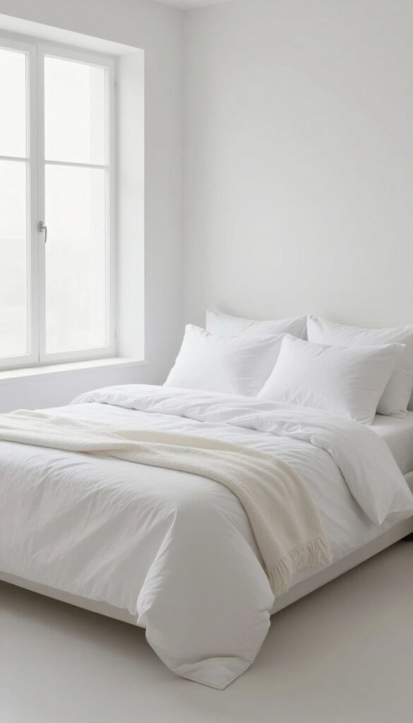 A neatly made bed with white sheets and pillows in a bright, airy bedroom, representing clean bedding and a fresh, calm space.