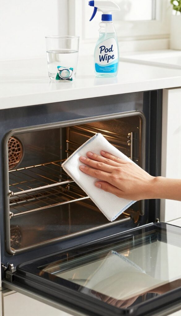 Person wiping oven glass door with a microfiber cloth, spray bottle and dishwasher pod on counter.