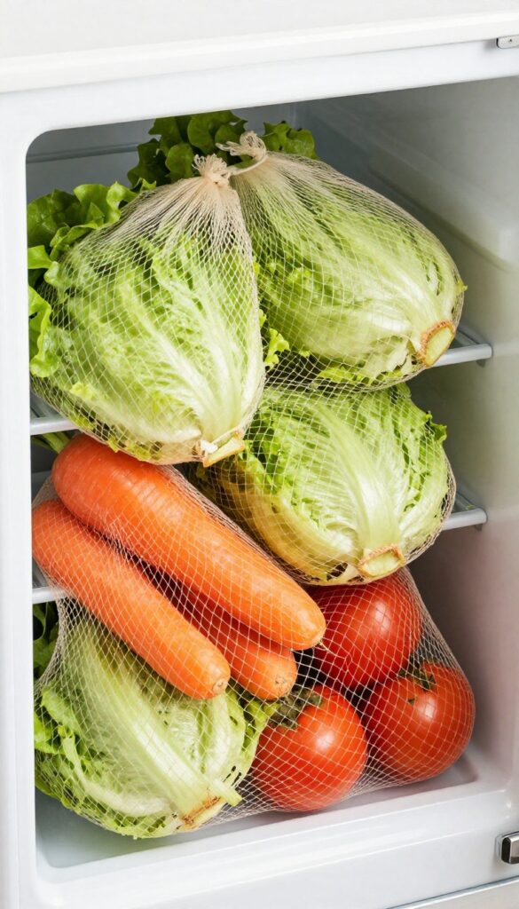 Fresh vegetables stored in breathable mesh bags inside a clean refrigerator drawer