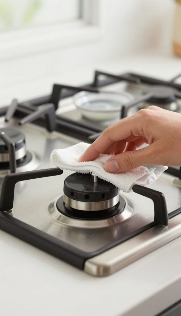 Cleaning oven knobs and handles with a damp cloth and dishwasher pod solution in a bright kitchen