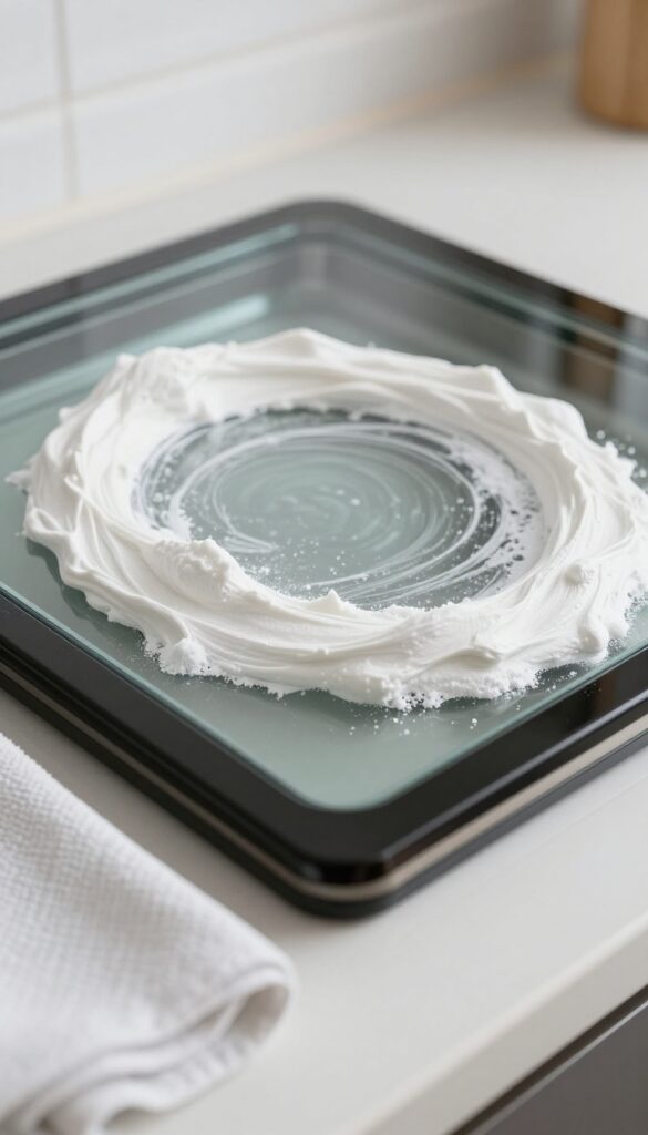 Baking soda paste applied to a greasy oven door glass, with a microfiber cloth nearby