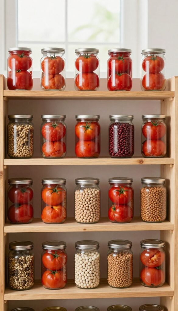 Tiered shelf risers on a pantry shelf holding cans and spice jars, with the back row elevated for visibility.