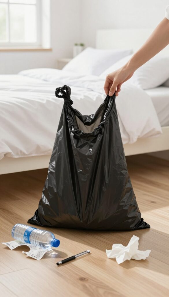 Hand holding open trash bag in clean bedroom with trash items on floor, bright natural light