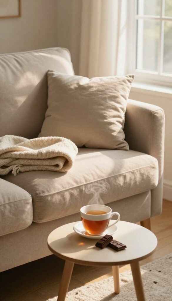 A clean, bright living room with a reward of tea and chocolate on a side table after cleaning.