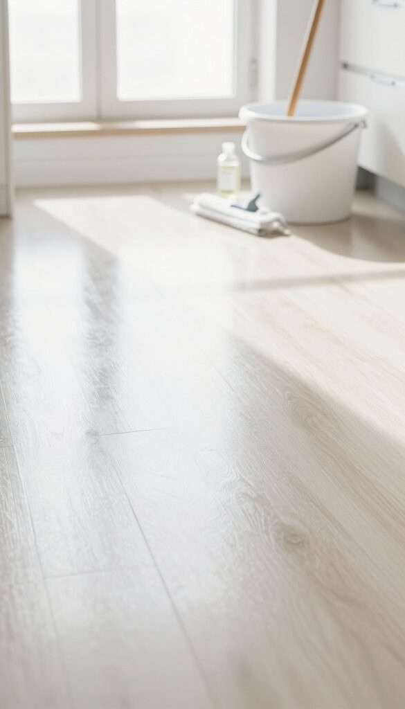 Shiny linoleum floor with baby oil shine, mop and bucket in background