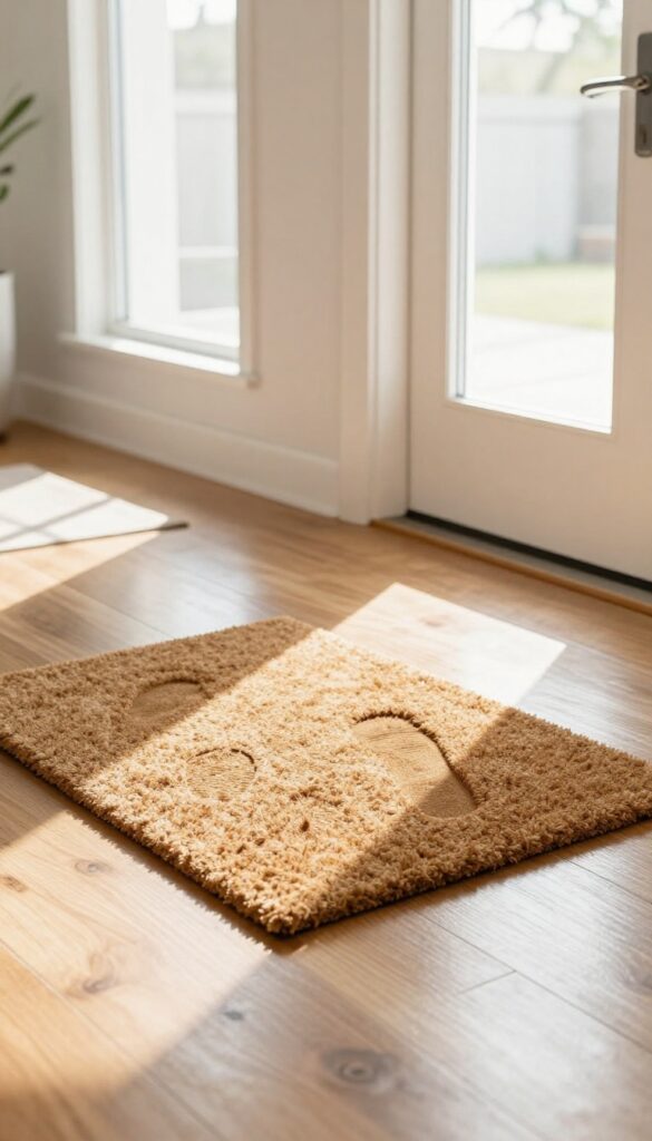 A bright entryway with doormats at the door to trap dirt, showcasing floor cleaning maintenance.