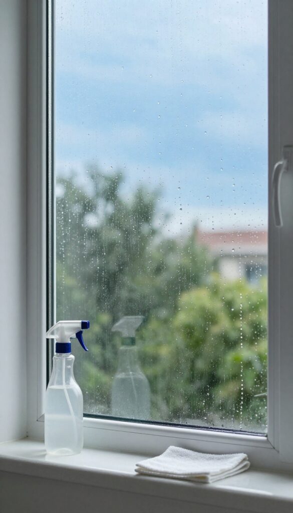 DIY rain repellent on exterior window showing water beading effect