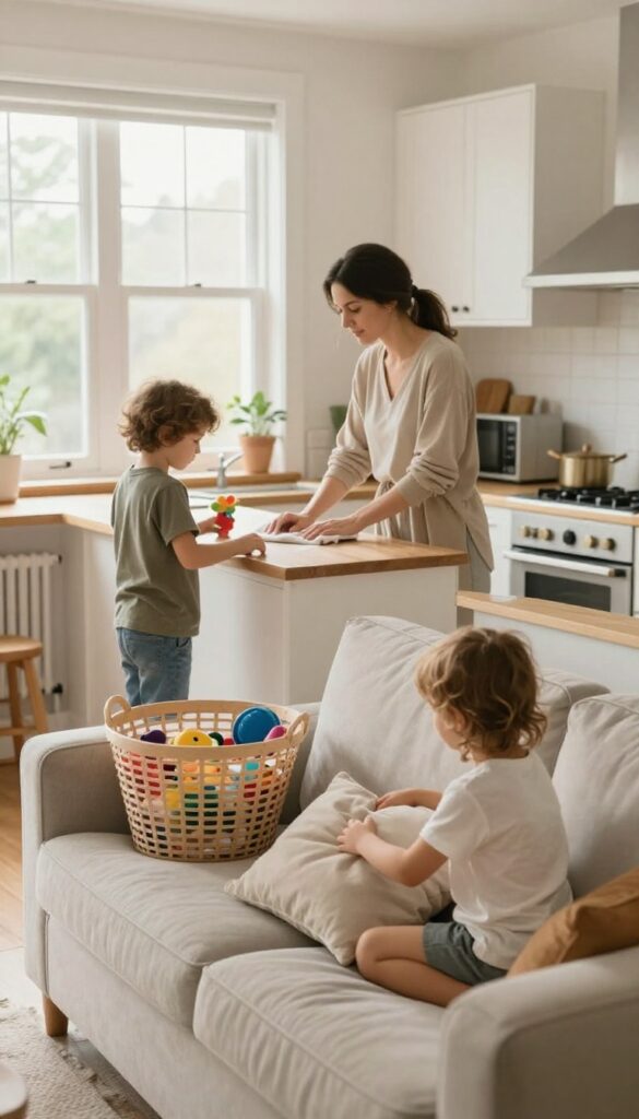 Family doing a 15-minute evening cleanup in a bright living room and kitchen