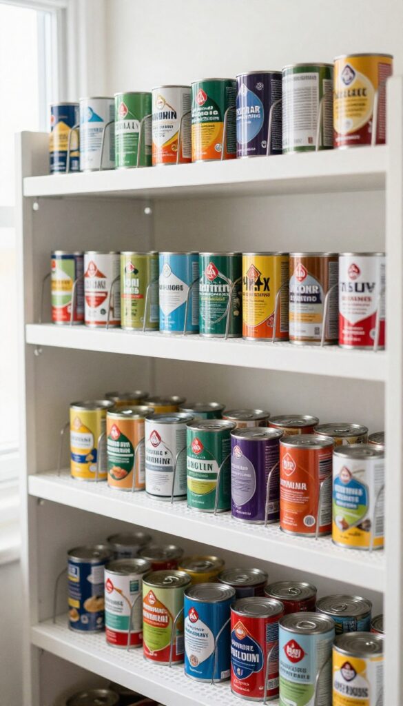 Stacked can dispensers on a pantry shelf with canned goods organized neatly.