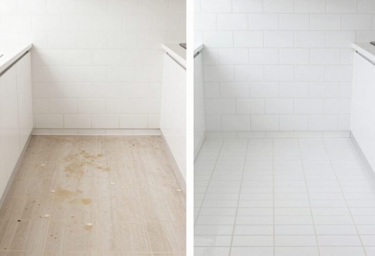 Clean tile floor with grout lines visible, showing a mop and bucket nearby