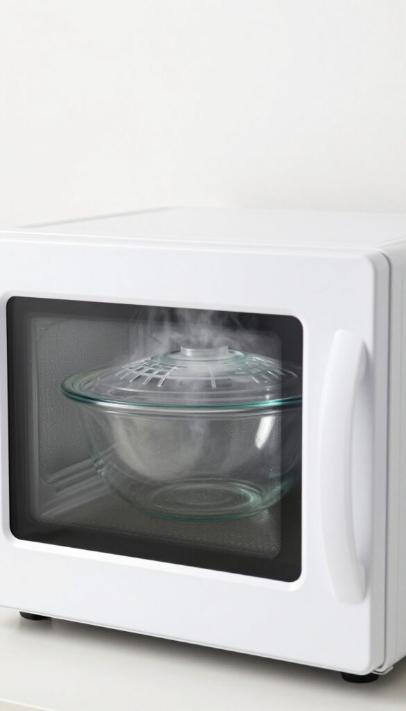 A clean microwave with a covered glass bowl, steam rising, preventing splatters.