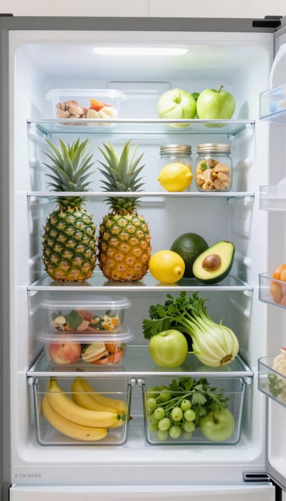 Organized refrigerator interior with fresh produce and clear storage bins