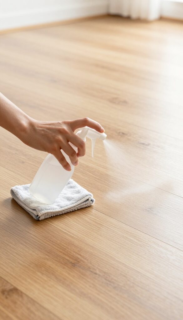 Person spraying pH-neutral cleaner on laminate floor with microfiber mop nearby