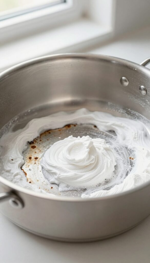 Close-up of a burnt pot bottom with baking soda paste applied, kitchen cleaning inspiration