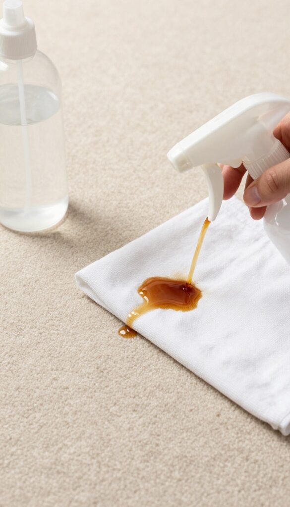 White vinegar and water solution being used to remove a coffee stain from a beige carpet.