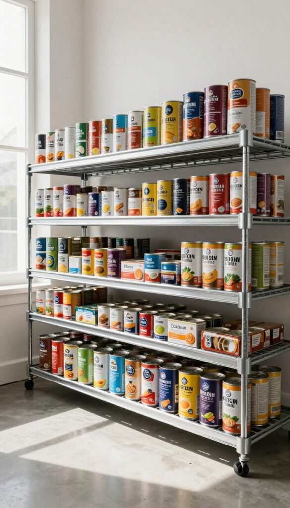 Tiered shelf risers on pantry floor holding canned goods in angled rows for easy label visibility.