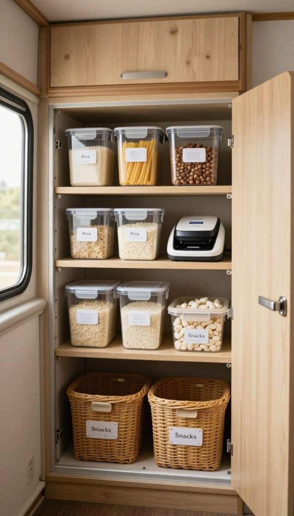 Labeled containers and bins in a camper pantry with clear labels for organization