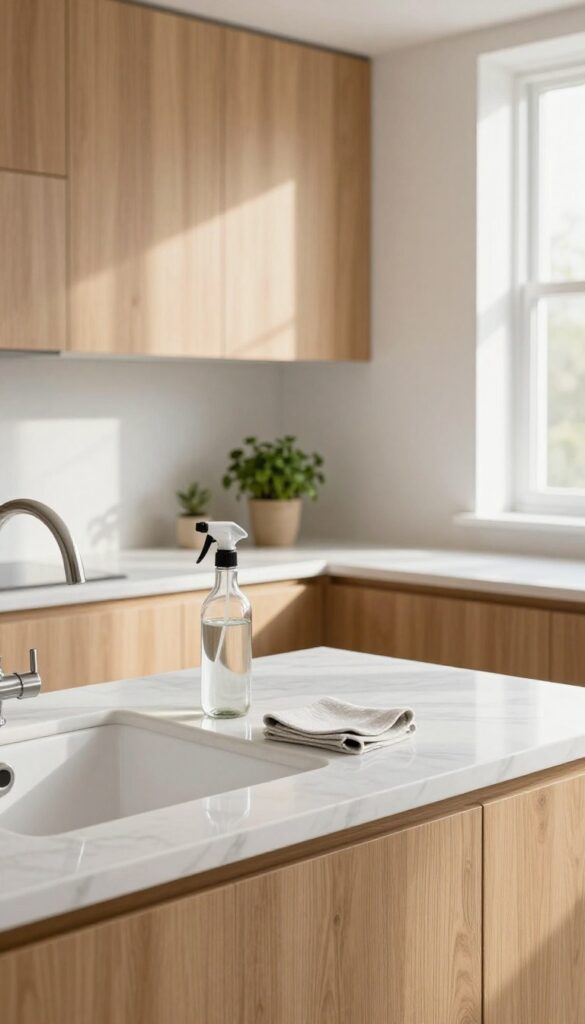 Bright kitchen counter with cleaning supplies and natural light
