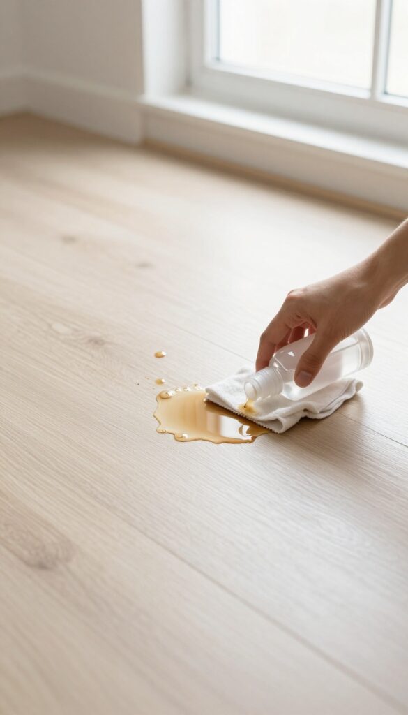 Hydrogen peroxide applied to a coffee stain on a light tile floor, with a damp cloth nearby, in bright natural light.