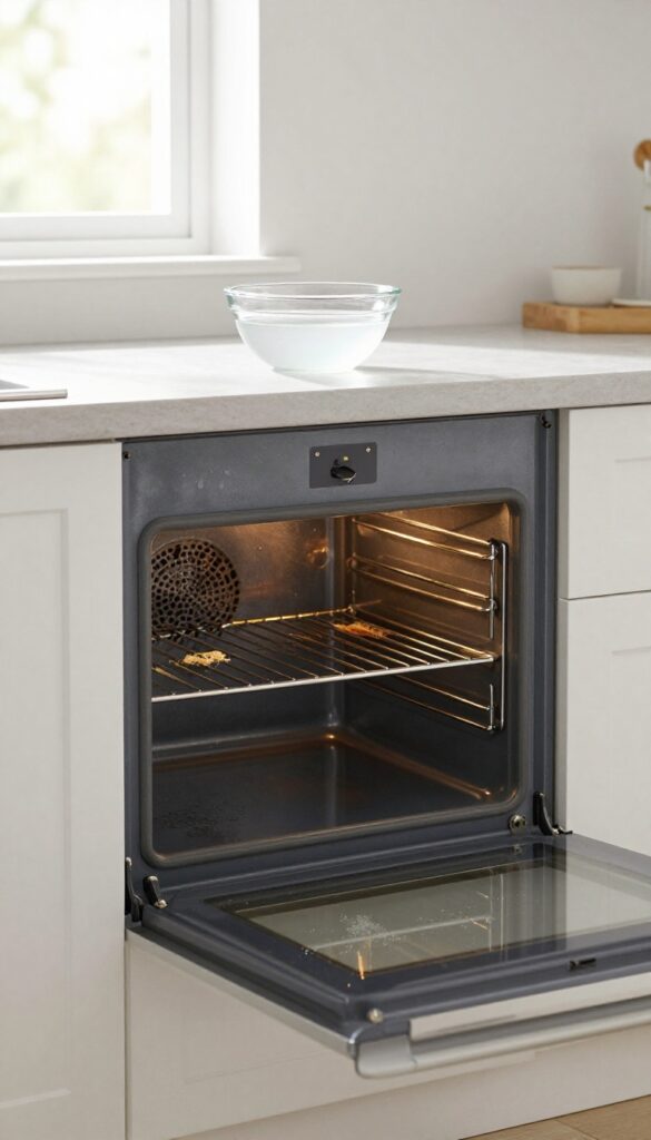 Oven door open with a glass bowl of ammonia on the top shelf, natural light, clean kitchen background