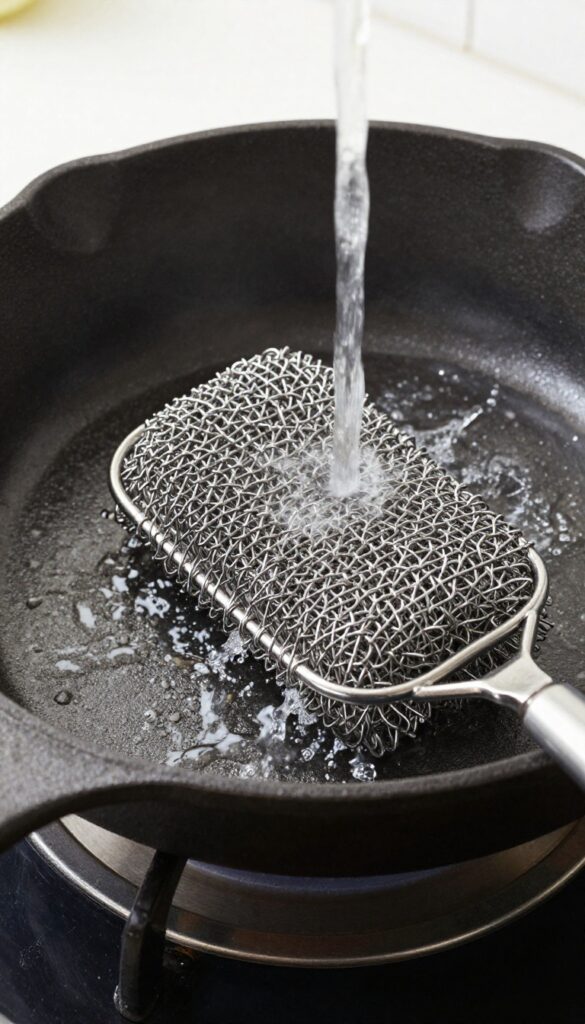 Cleaning a cast iron skillet with a chainmail scrubber under running water