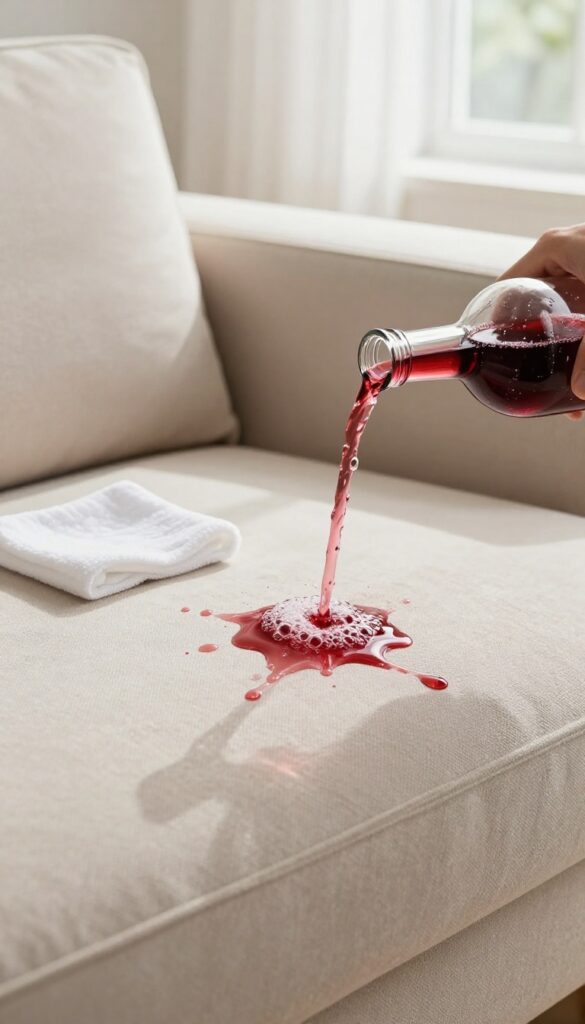 Pouring club soda on a fresh red wine stain on a fabric couch