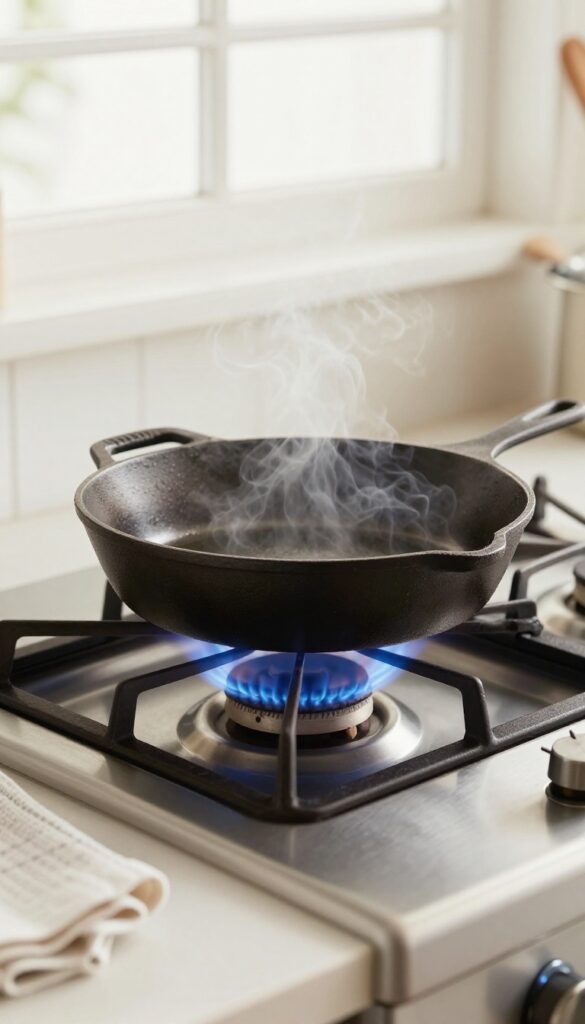 Drying a cast iron skillet on a stove with low heat to prevent rust