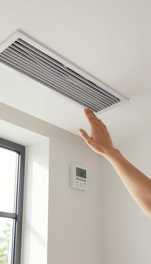 Hand reaching to turn off thermostat before cleaning air vent, bright living room
