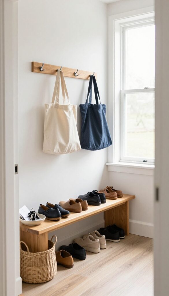 Organized entryway with bench, hooks, and tray for keys and mail