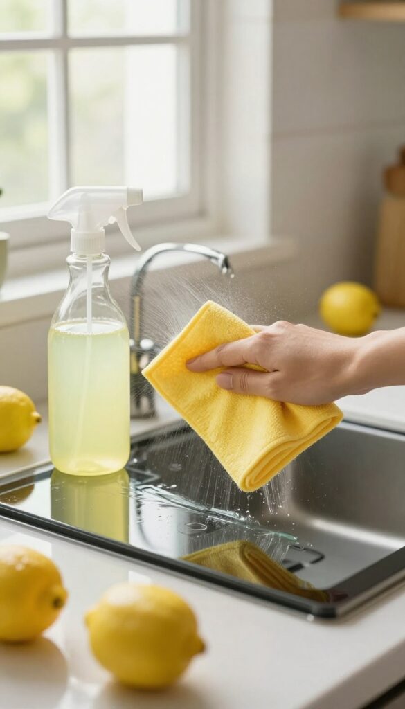 Cleaning oven glass door with lemon juice solution and microfiber cloth