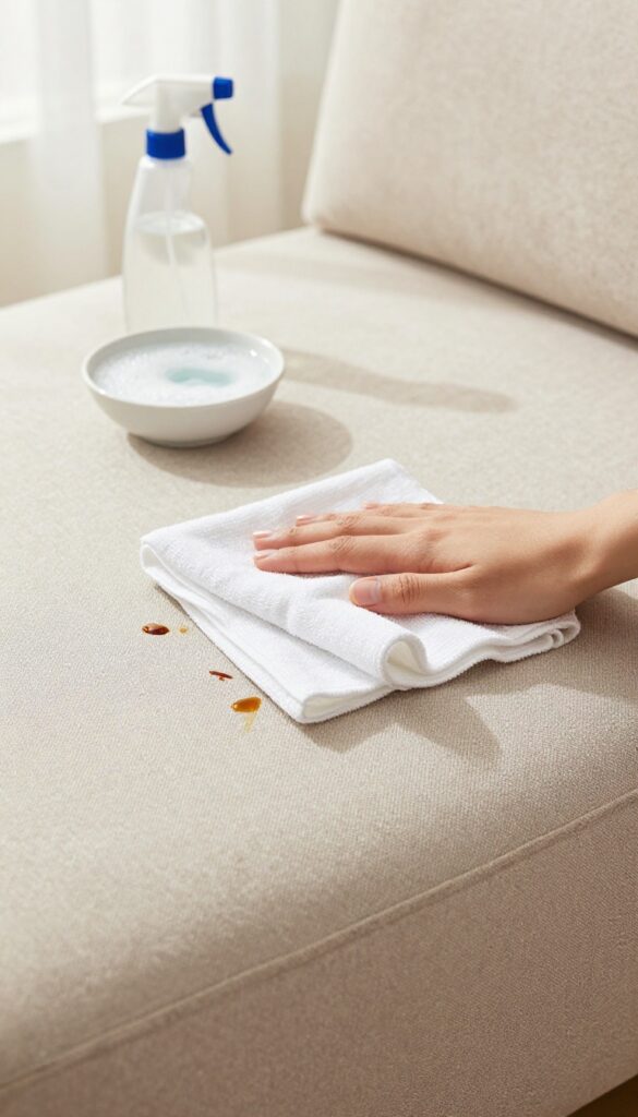Cleaning a coffee spill on a beige microfiber couch with a damp cloth and dish soap solution.