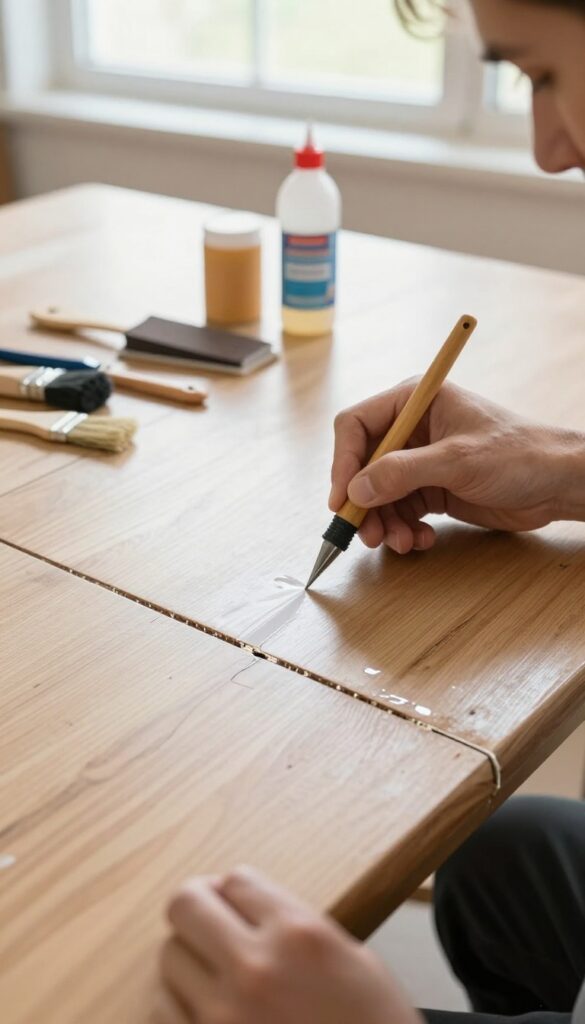 Professional furniture restorer repairing an antique wooden table in a bright workshop