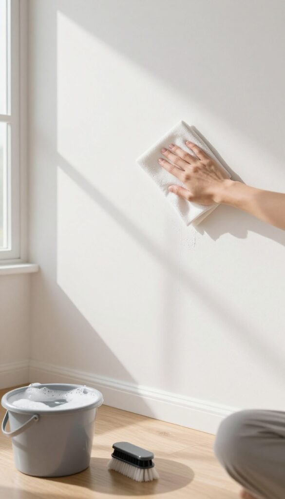 Person cleaning a white wall with a microfiber cloth, bucket and brush nearby, bright natural light