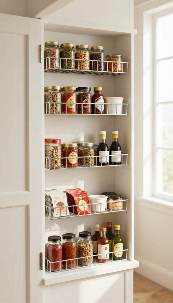 Door-mounted wire rack in a pantry holding spices and condiments