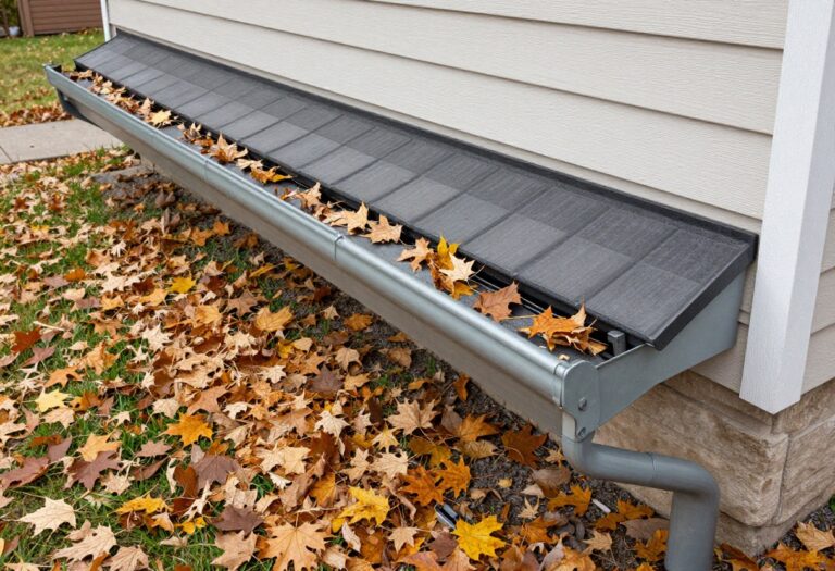 Clean gutters on a house with autumn leaves on the ground