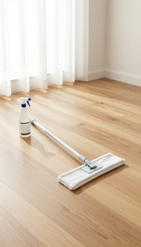A white microfiber mop lying on a shiny hardwood floor next to a spray bottle, bright natural light, clean and minimal composition.