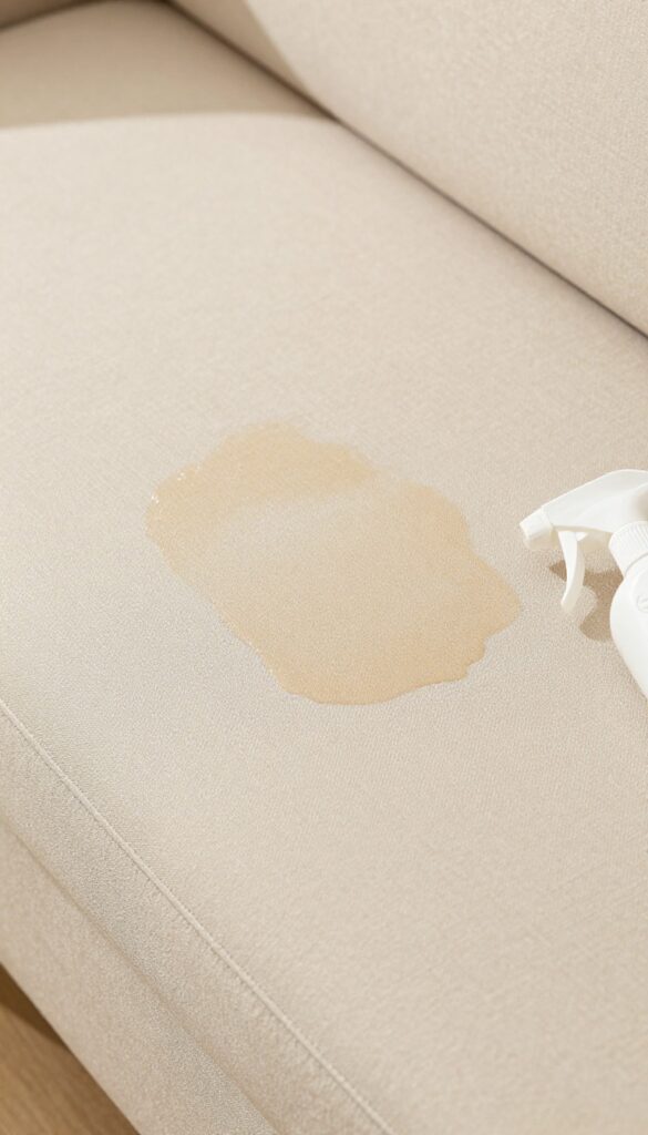 Close-up of a fabric couch cushion with a damp patch from enzyme cleaner treatment, spray bottle on armrest, bright natural light, clean and fresh look.