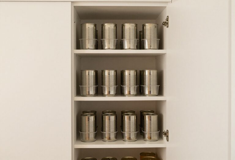 Organized tall pantry cabinet with pull-out shelves and clear storage bins