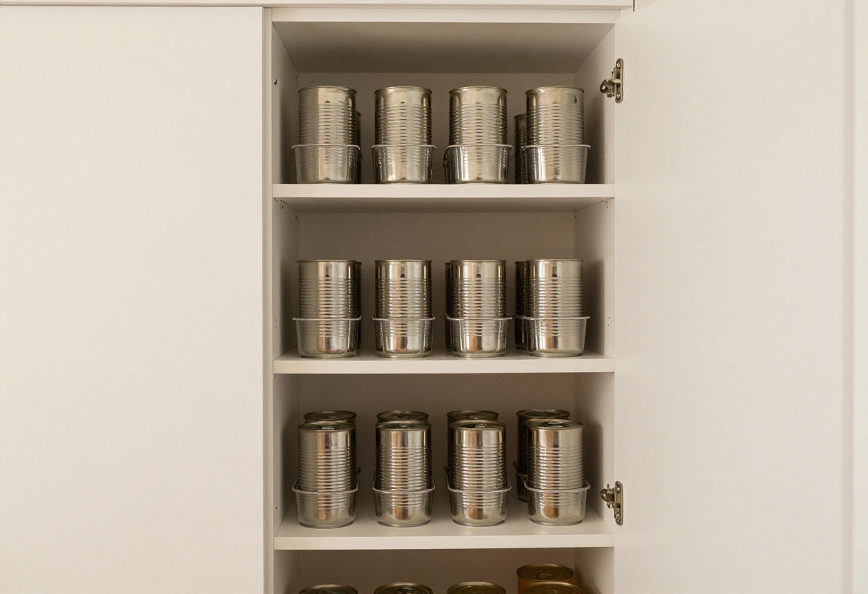 Organized tall pantry cabinet with pull-out shelves and clear storage bins