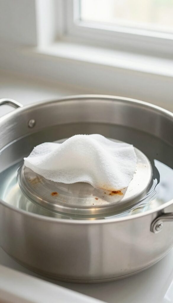 Stainless steel pot bottom soaking in water with a dryer sheet to remove burnt marks