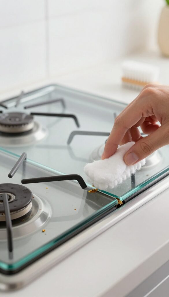 Cleaning edges and crevices of a glass stove top with a cotton swab