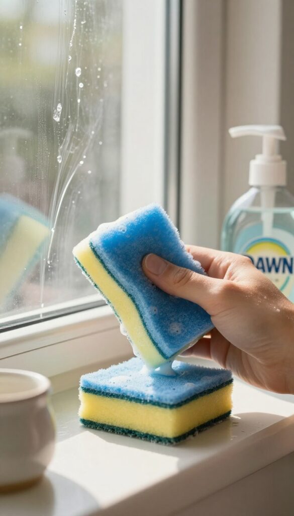 Cleaning greasy kitchen window with Dawn dish soap and squeegee
